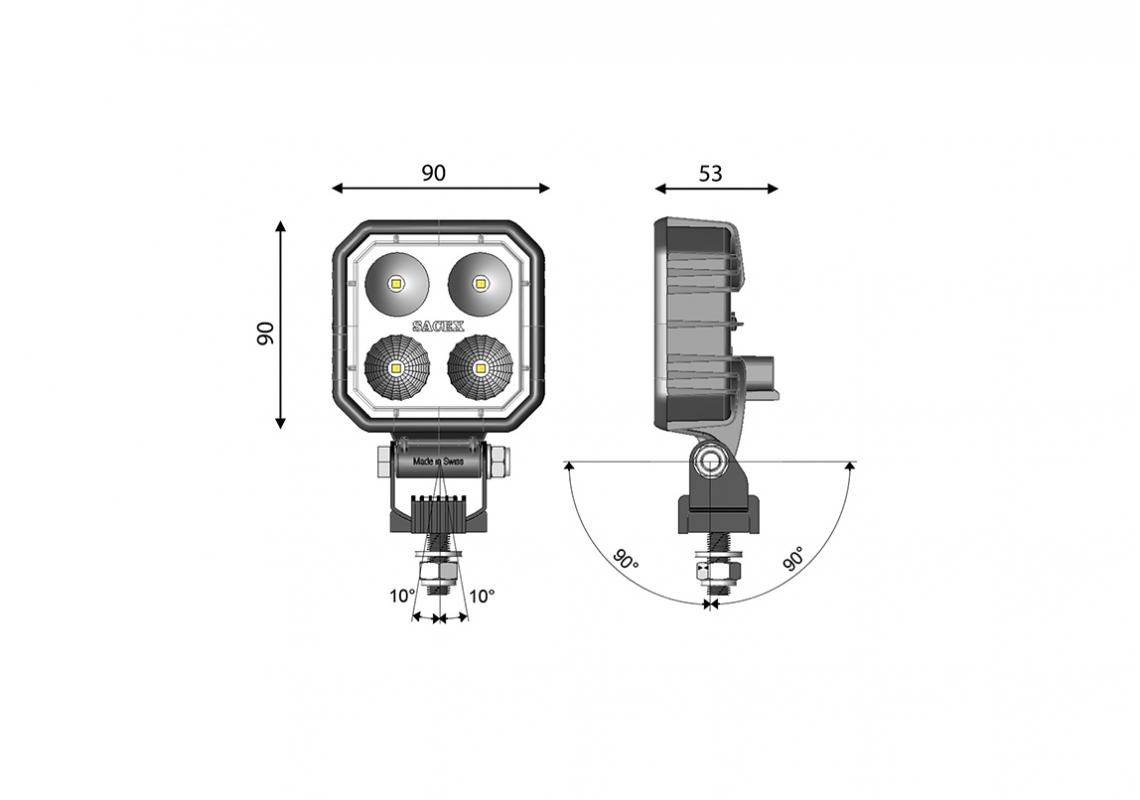 Reverse light R23 LED square 90X90mm - DT 2 pins - switch